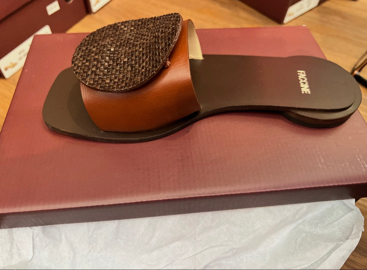 Faccine Wood Brown Leather Slides (10921 FTR)