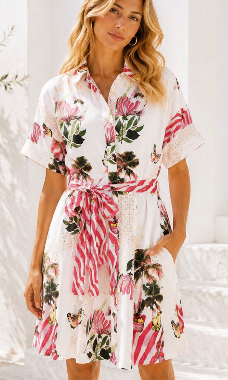 Palm cover pink pattern dress with belt