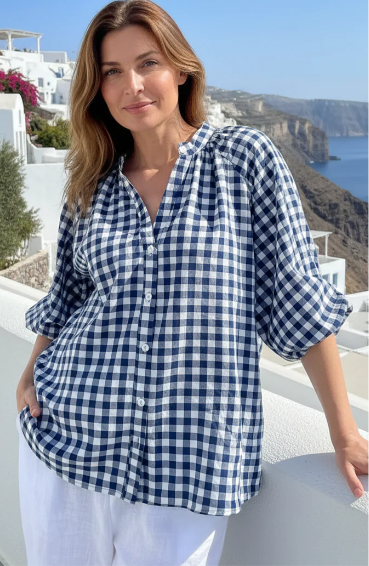 Kiik Seeasucker navy check blouse