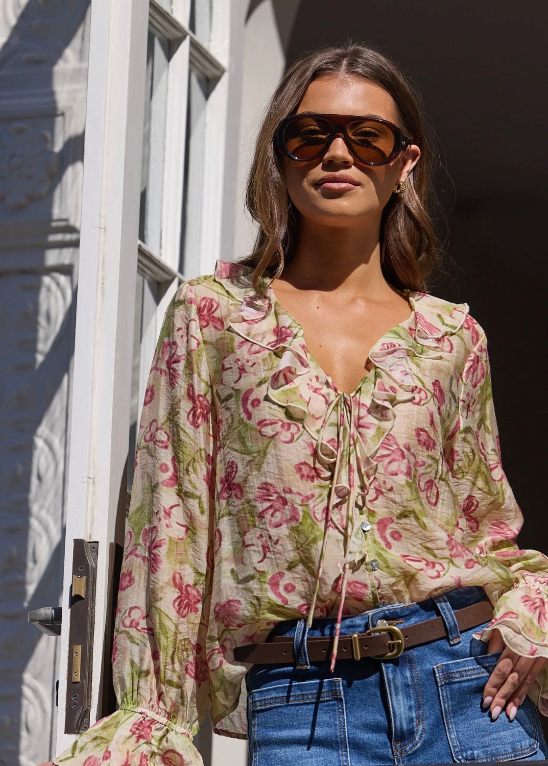Among The Brave sheer frill front blouse (cream blush floral)