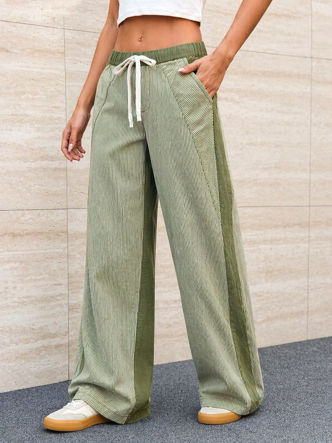 Mutig Elastic Waist Jeans Khaki & Cream Stripe PTD60705