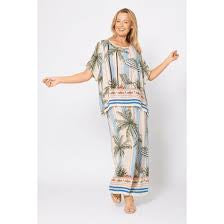 Palm Tree Print Pant Cream/Celeste Stripe - La Strada