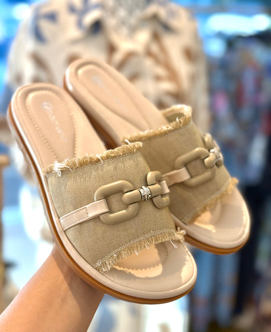 Dolly Virgo Beige Denim Slides // SIZE 5