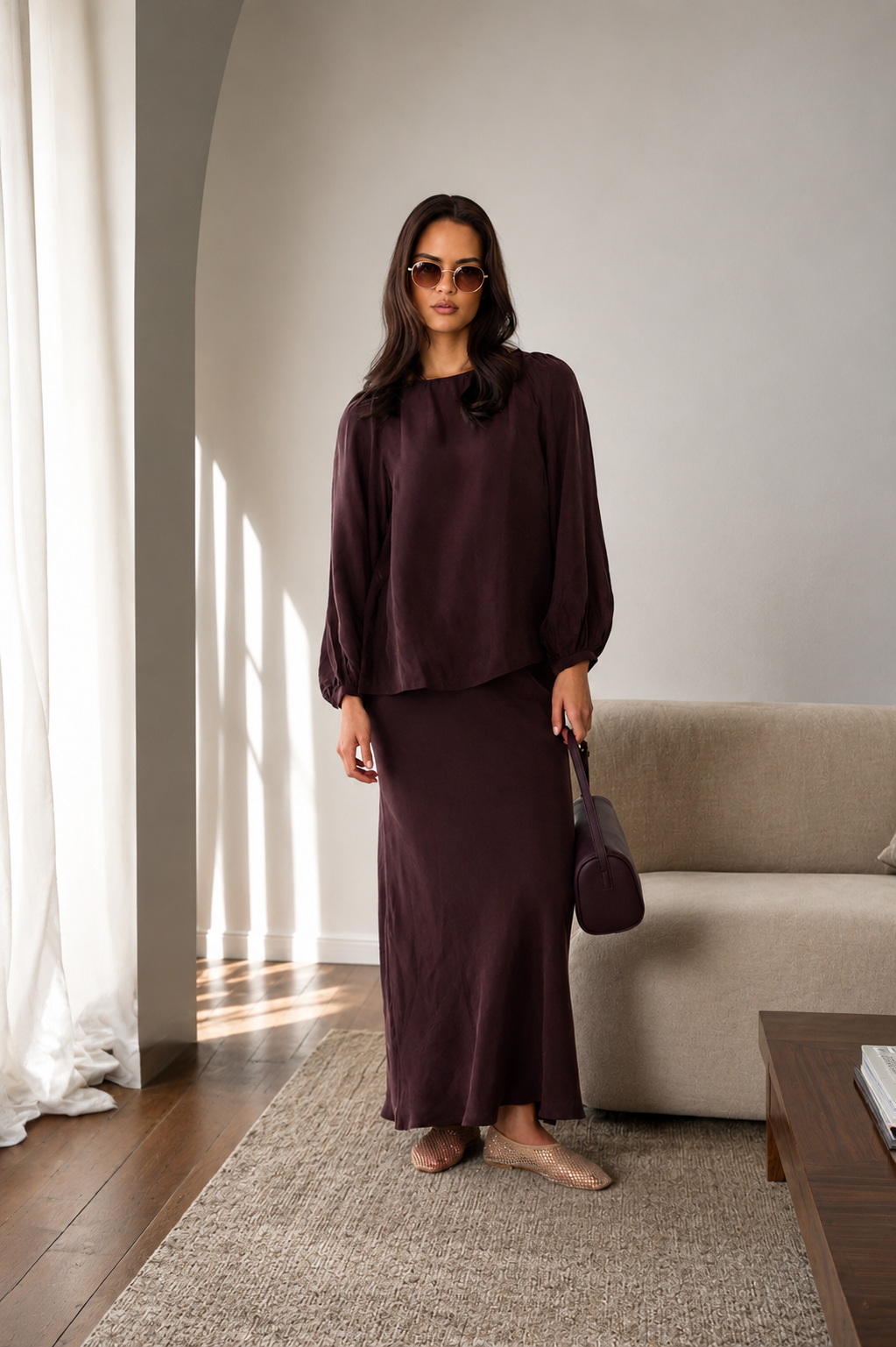 Adorne Ulla Boat Neck Cupro Top in Plum