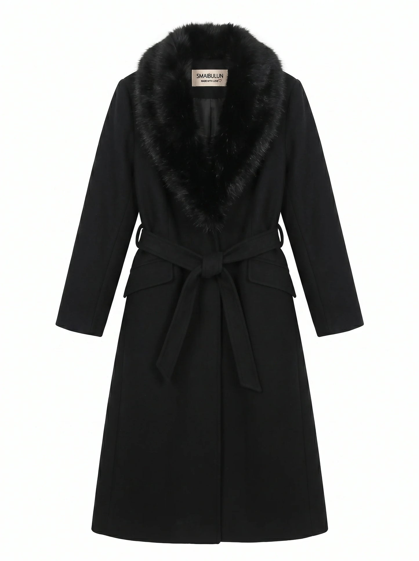 SMAIBULUN Black Teddy Fur Coat with a Detachable Collar