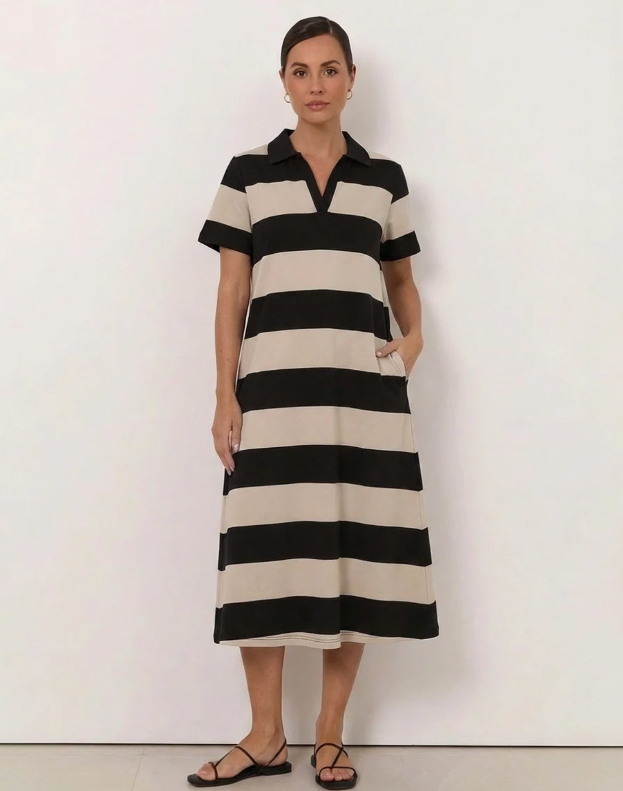 Liberty Rose Polo Dress - Black / Beige Stripe