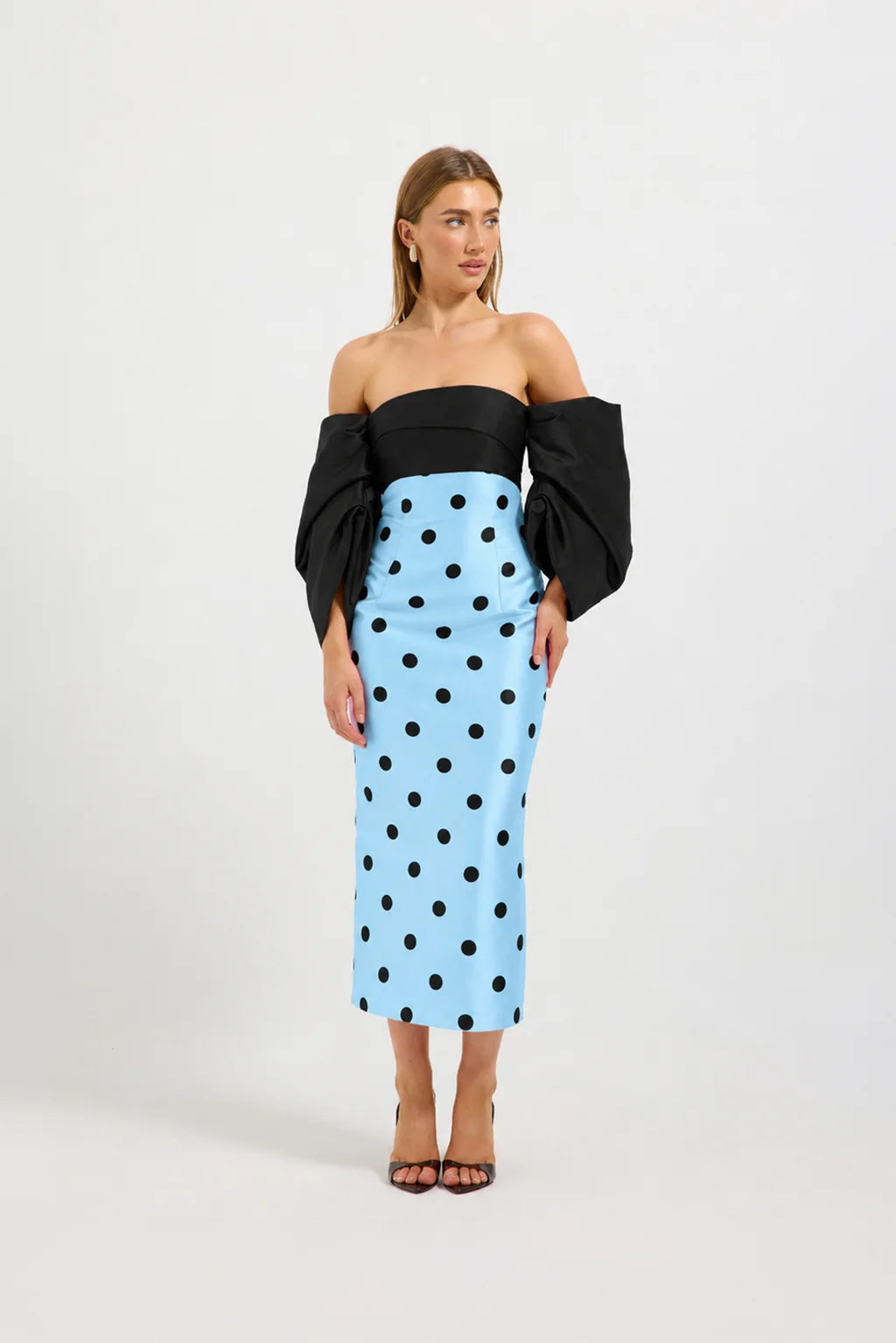 Pasduchas Dottie Contrast Shoulder Midi Dress in Blue & Black