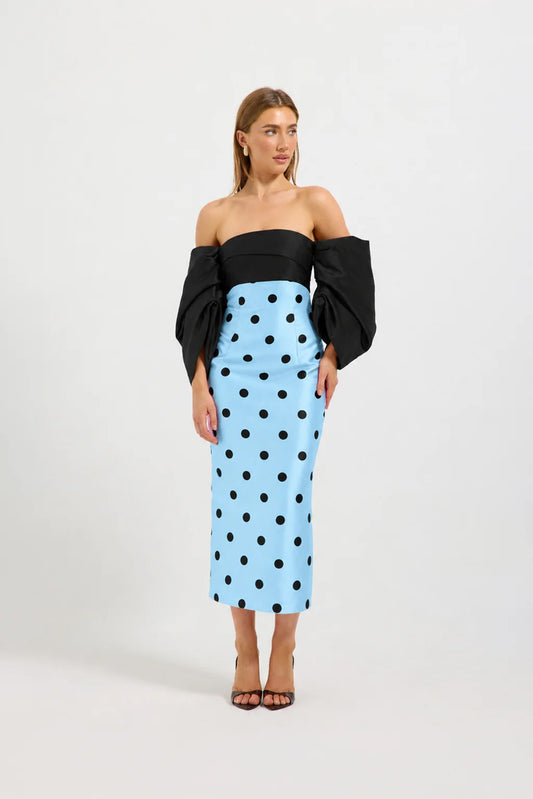 Pasduchas Dottie Contrast Shoulder Midi Dress in Blue & Black