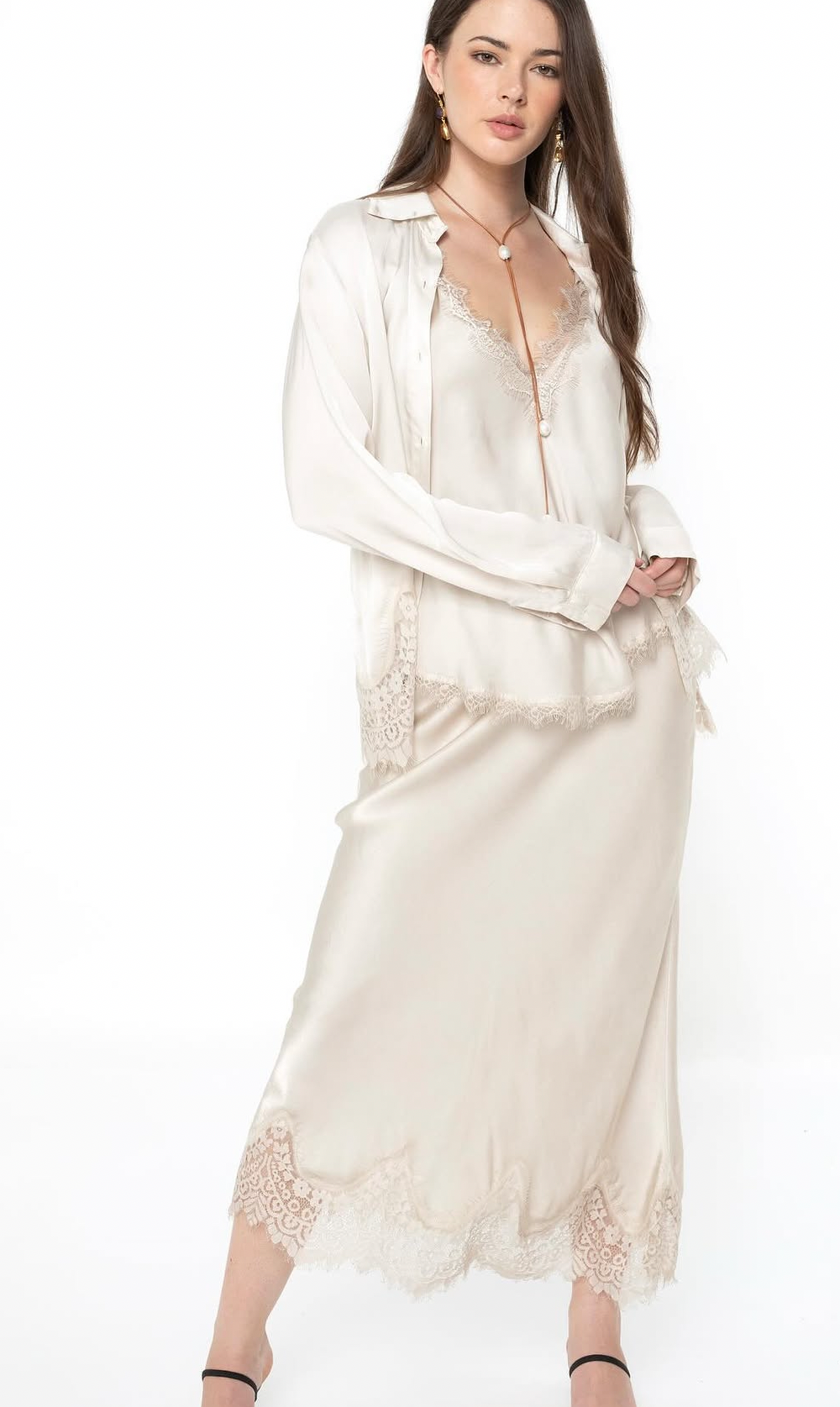 Elizabeth Scott Satin Skirt with Lace details  Stone