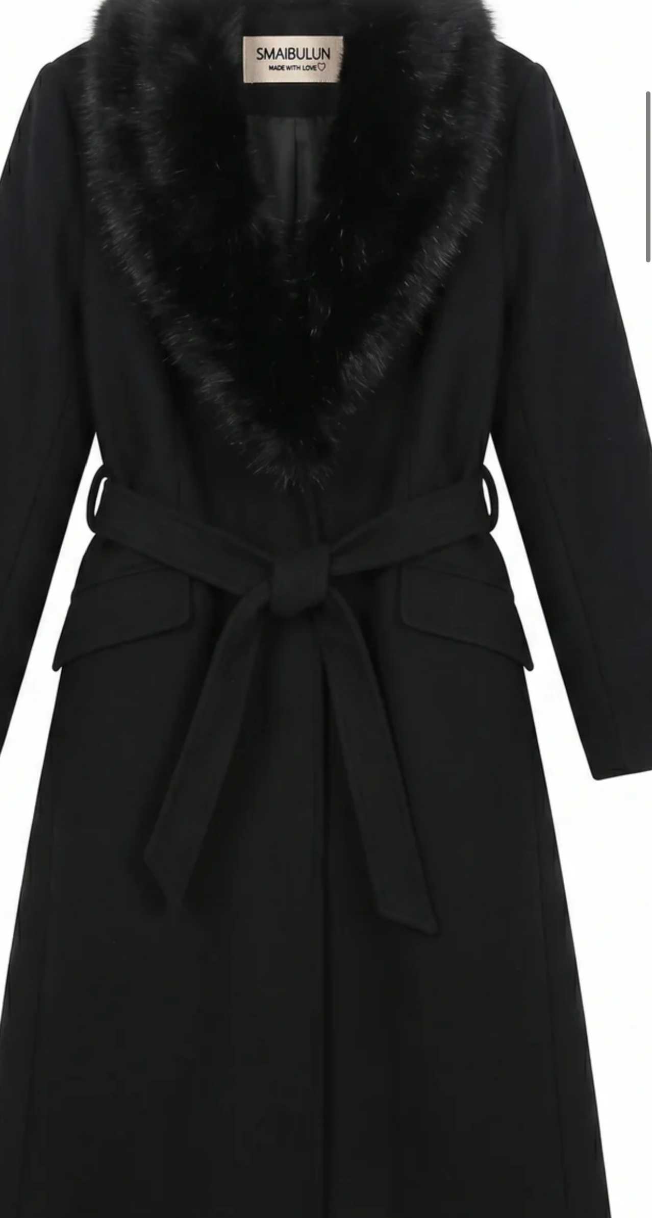 SMAIBULUN- Black Teddy Fur Coat with a detachable collar.