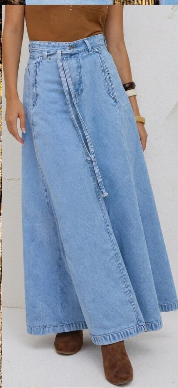 Mutig- tie belt wide hem maxi Denim Skirt
