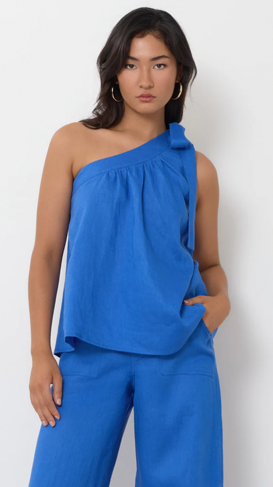 Adorne The Frida One Shoulder Tie Linen Top