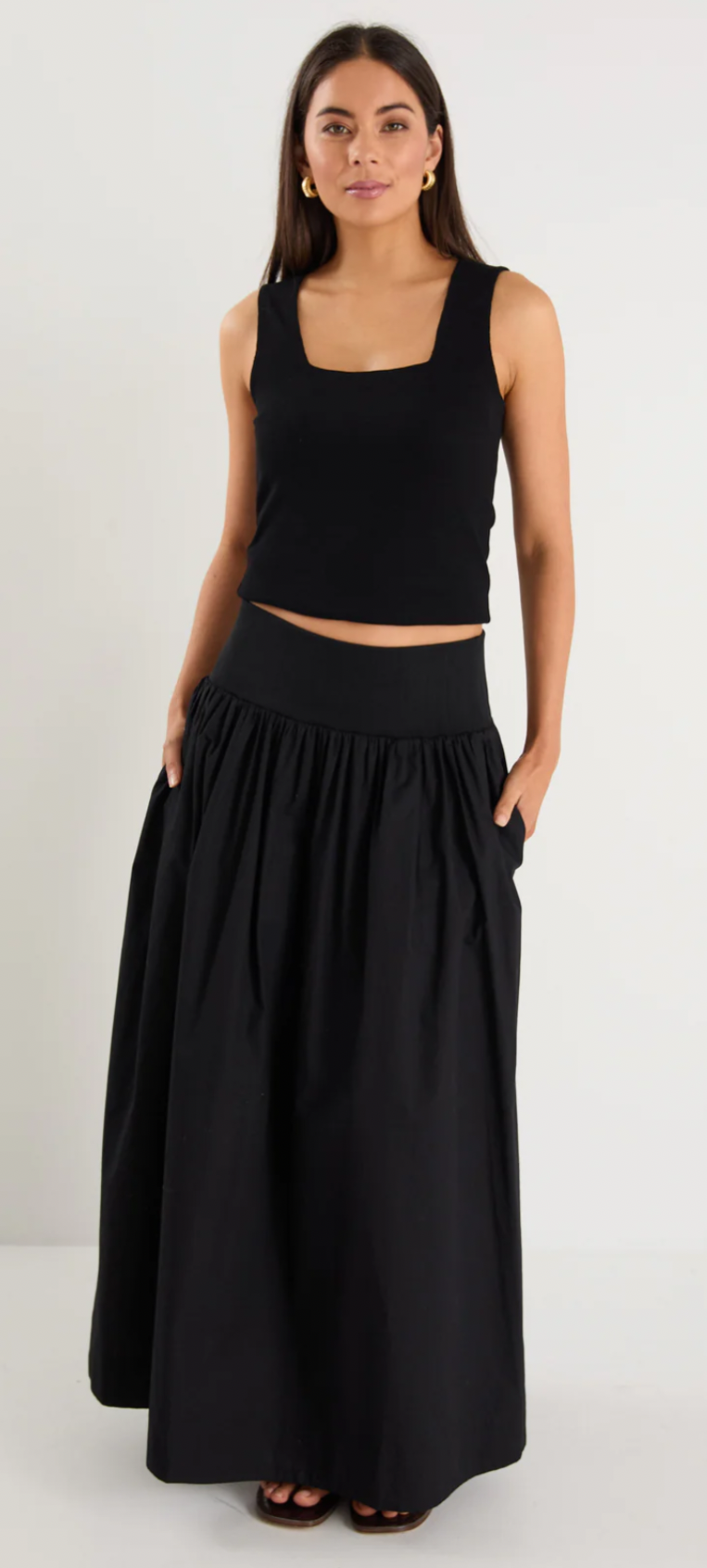 IVY AND JACK - Tallow Black Poplin Rib Waist Maxi Skirt