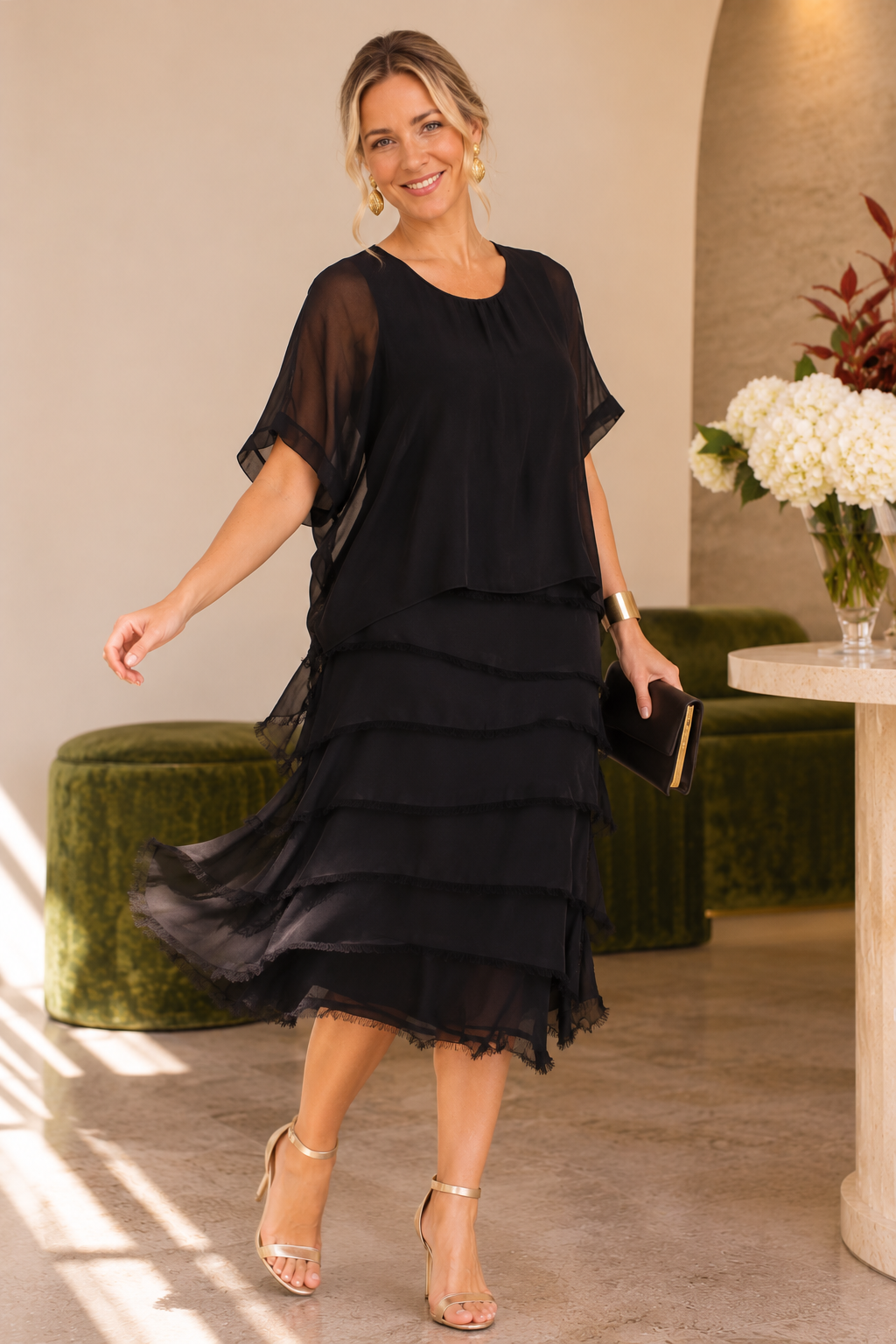 La Strada Tierred Black Silk Frayed Hem Dress