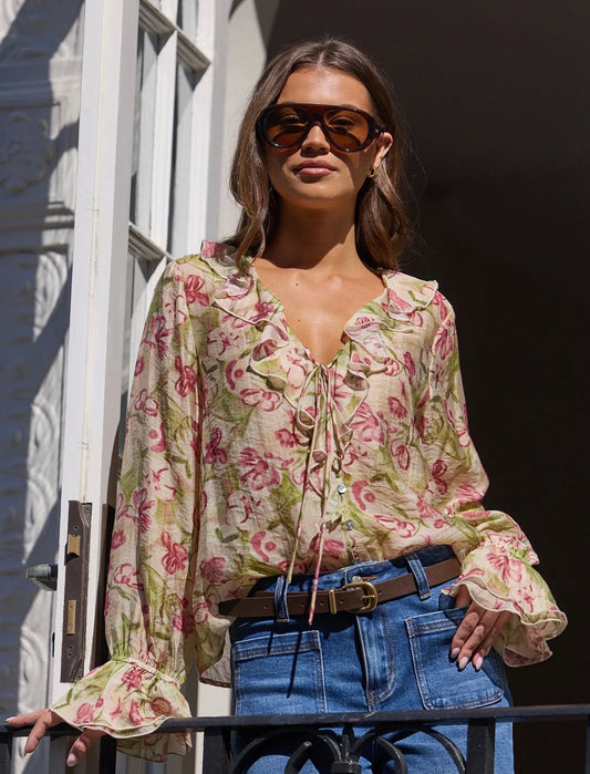 Among The Brave sheer frill front blouse (cream blush floral)