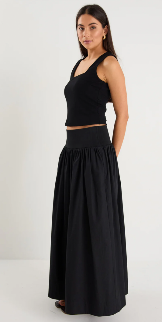 IVY AND JACK - Tallow Black Poplin Rib Waist Maxi Skirt