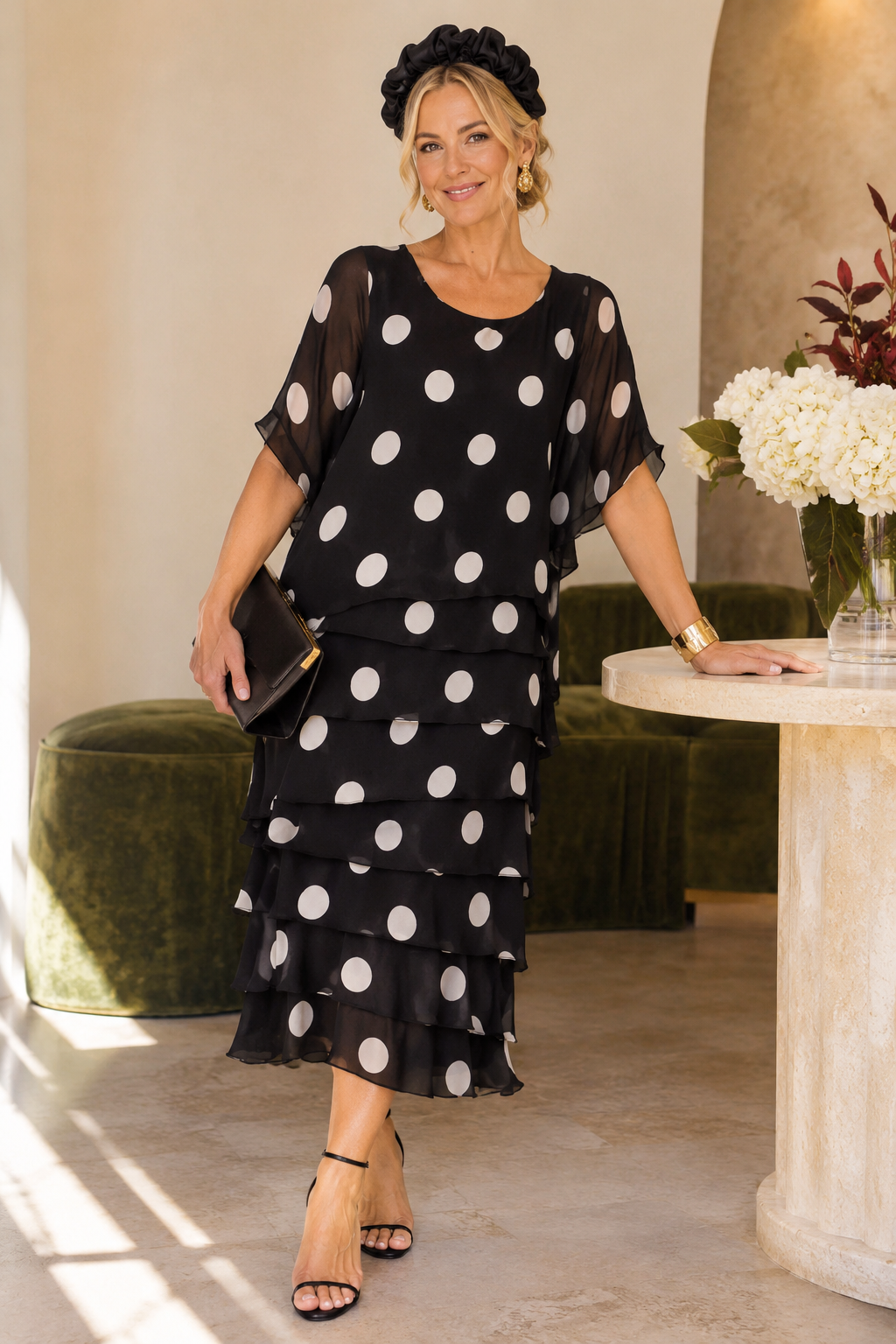 La Strada Tiered Silk Polka Dot Dress