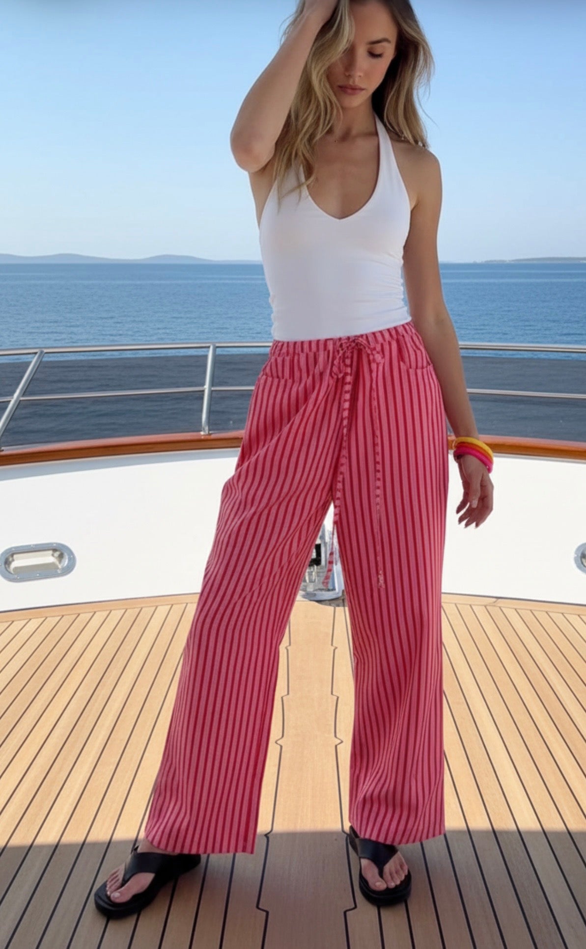 White Poetry- Red Pink Stripe Pants.