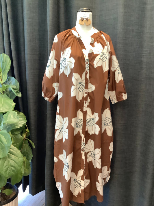 Boho Floral Dress - Brown White Flower
