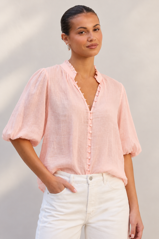 Ivy + Jack Continuance high neck buttoned short sleeve top (blush)