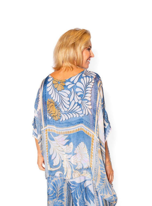 The Italian Closet Mural Denim Tile Print Batwing Silk Top