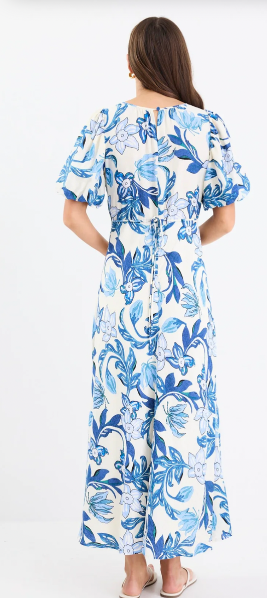 Stage Blue Floral Puff Sleeve Floaty Maxi Dress