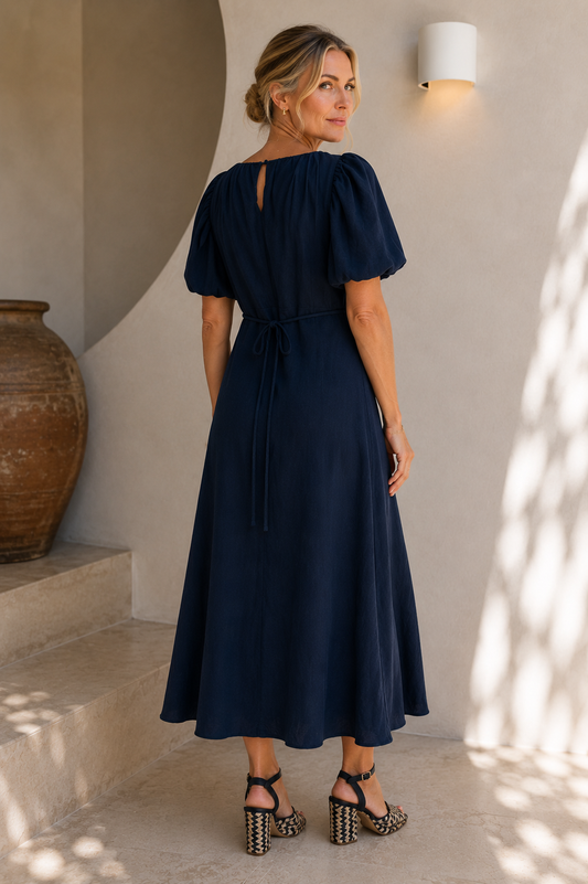 Stories Be Told Chorus Navy Puff Sleeve Dress