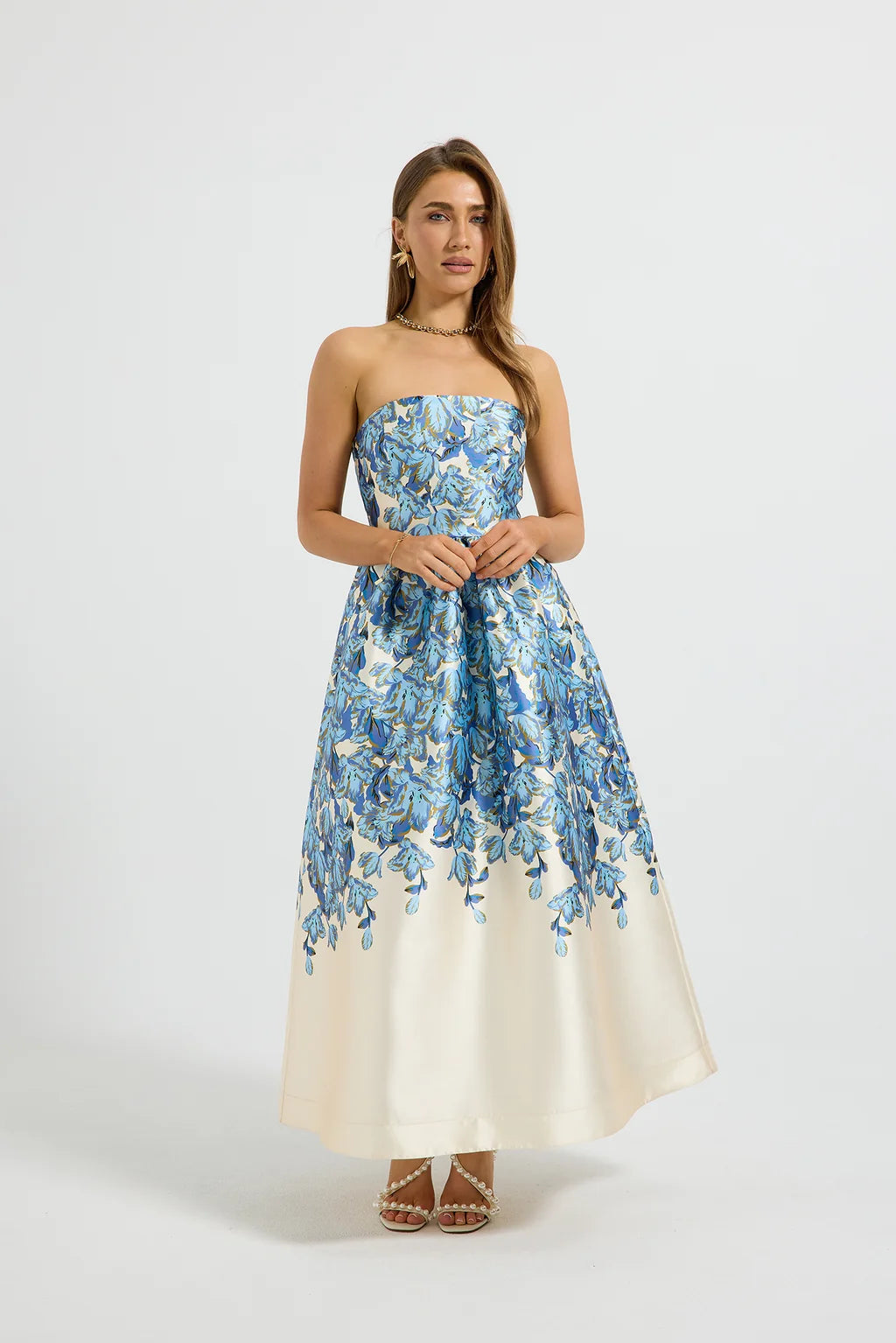 Pasduchas Lola Strapless Midi Dress in Bluebell Floral
