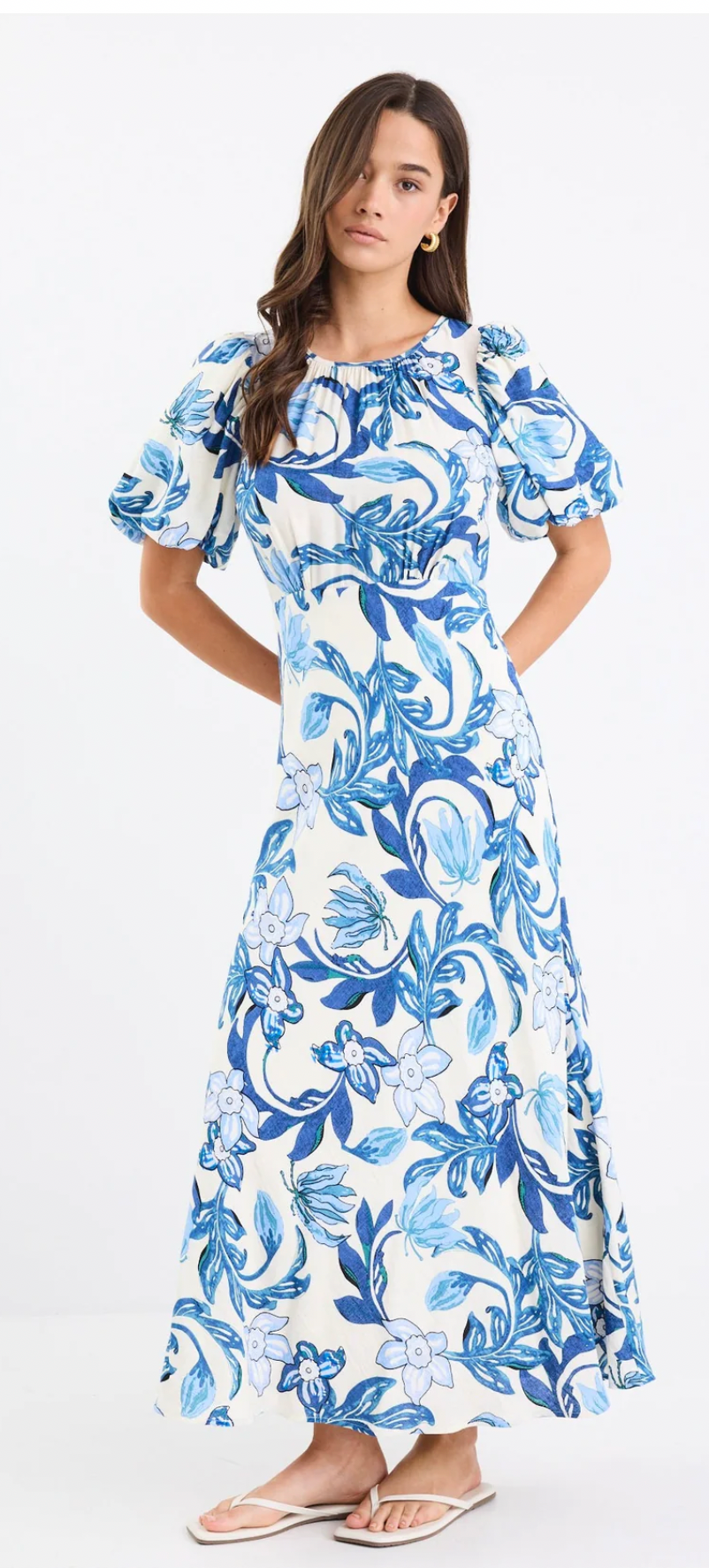 Stories Be Told  - Stage Blue Floral Puff Sleeve Floaty Maxi Dress
