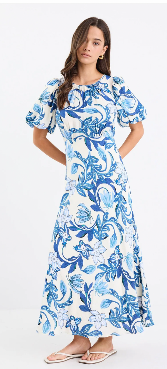 Stage Blue Floral Puff Sleeve Floaty Maxi Dress