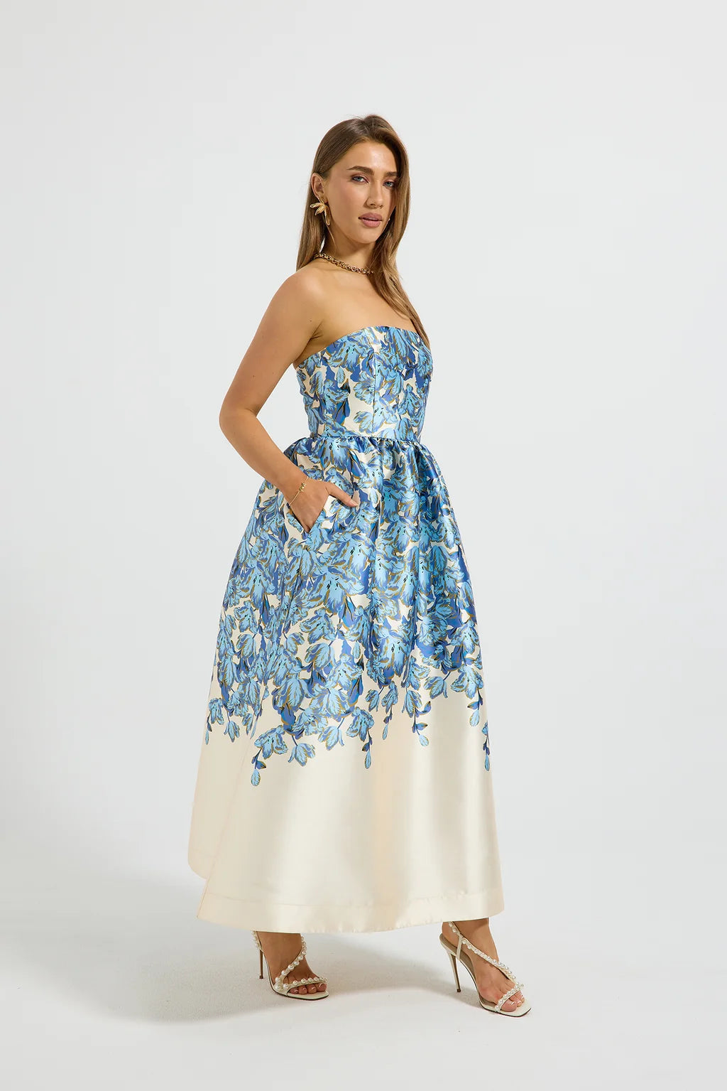 Pasduchas Lola Strapless Midi Dress in Bluebell Floral