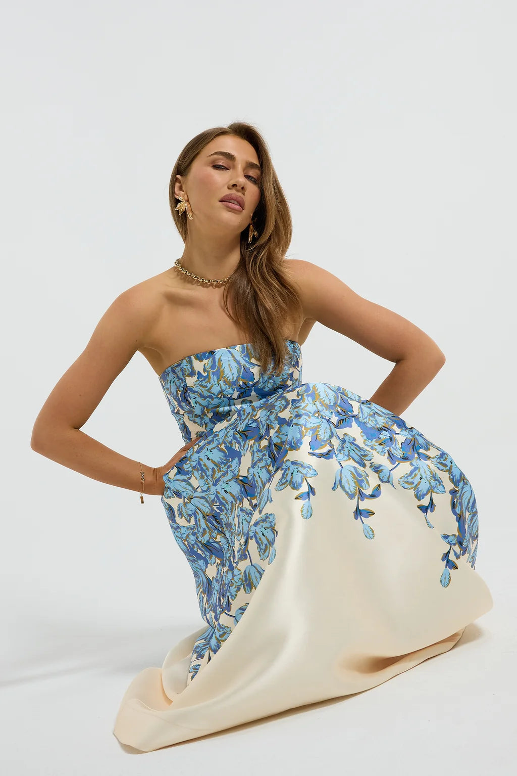Pasduchas Lola Strapless Midi Dress in Bluebell Floral
