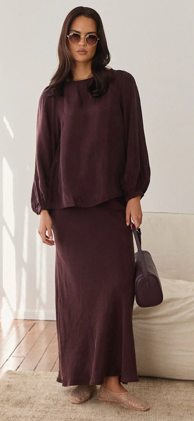 Adorne- Mae cupro plum skirt