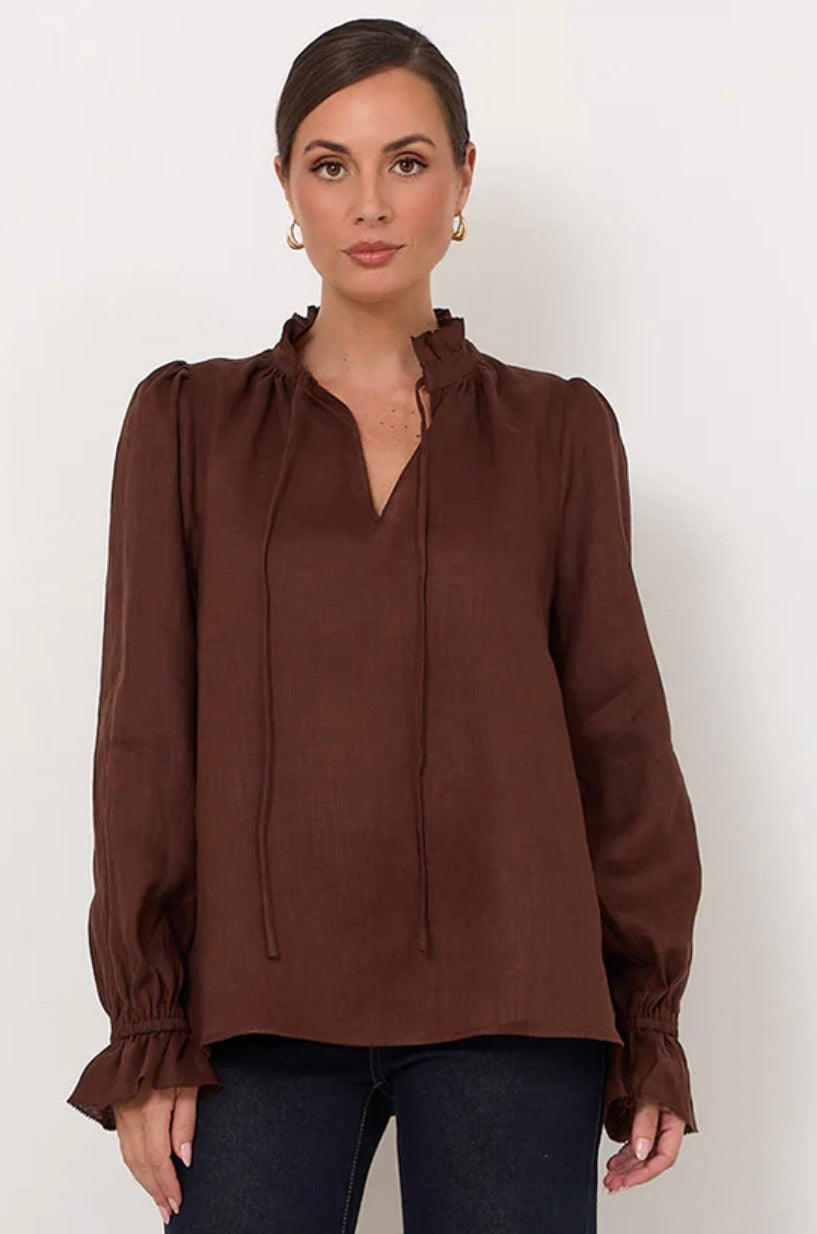 Adorne- Sandra Chocolate long sleeve linen top
