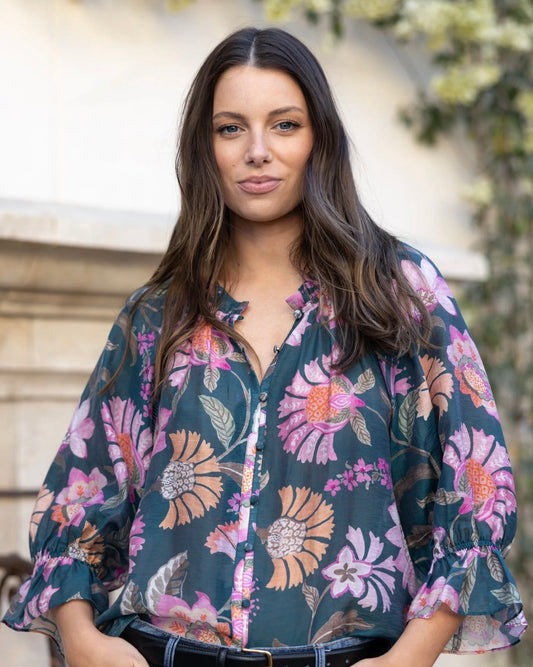 By Rosa. Gathered Button Front Top (Petrol Scarf Print)