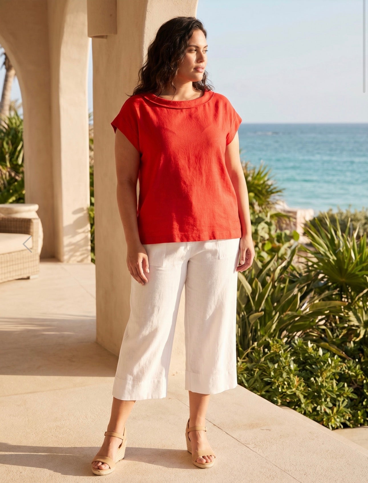 Orientique Linen Blend Top Rolled Neckline Red