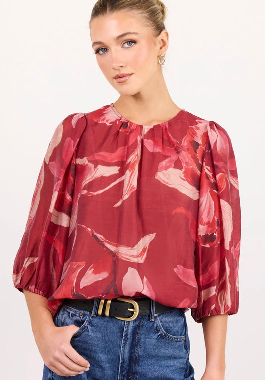 Ivy + Jack Sincere Large Red Peony Shirred back top