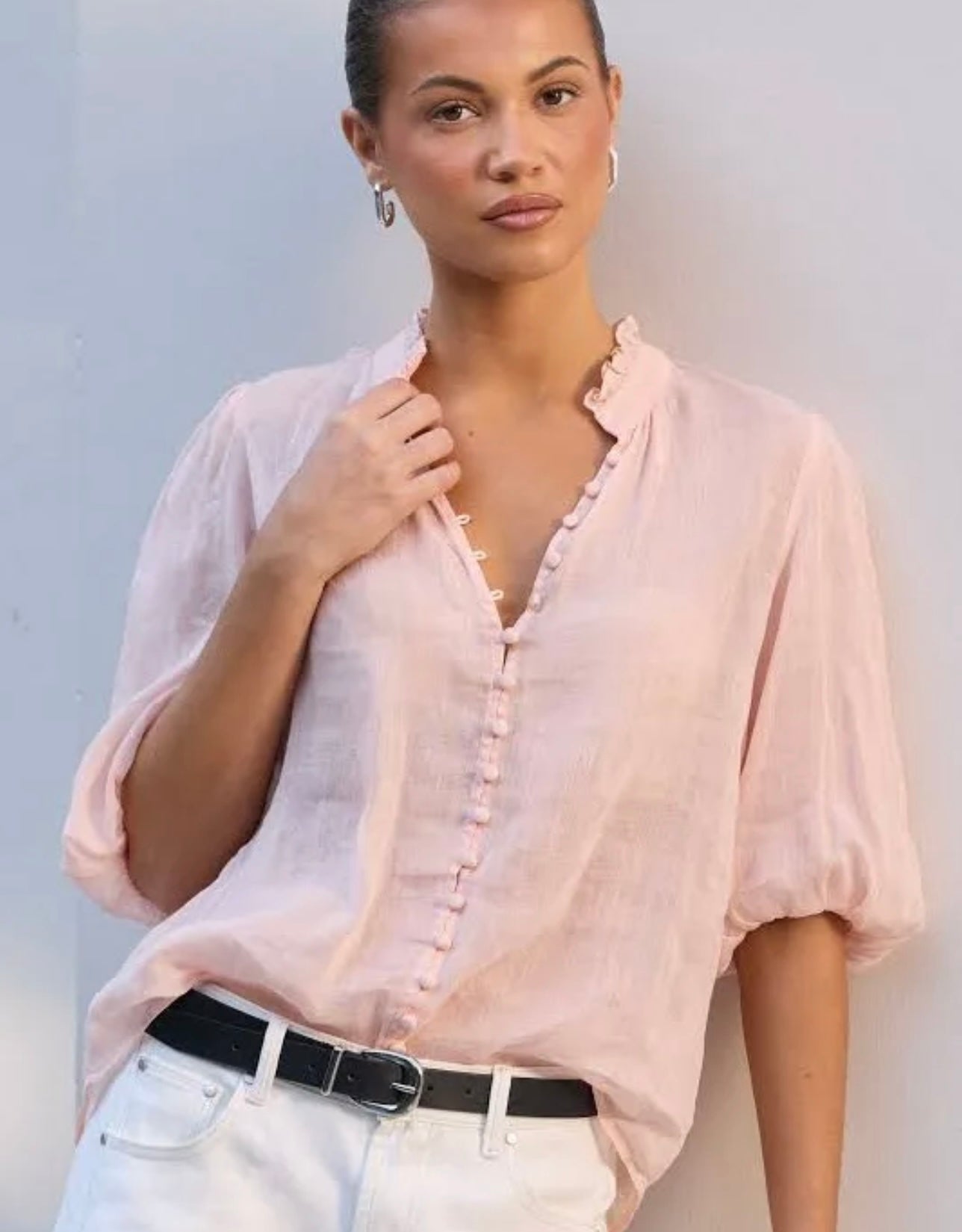 Ivy + Jack Continuance high neck buttoned short sleeve top (blush)