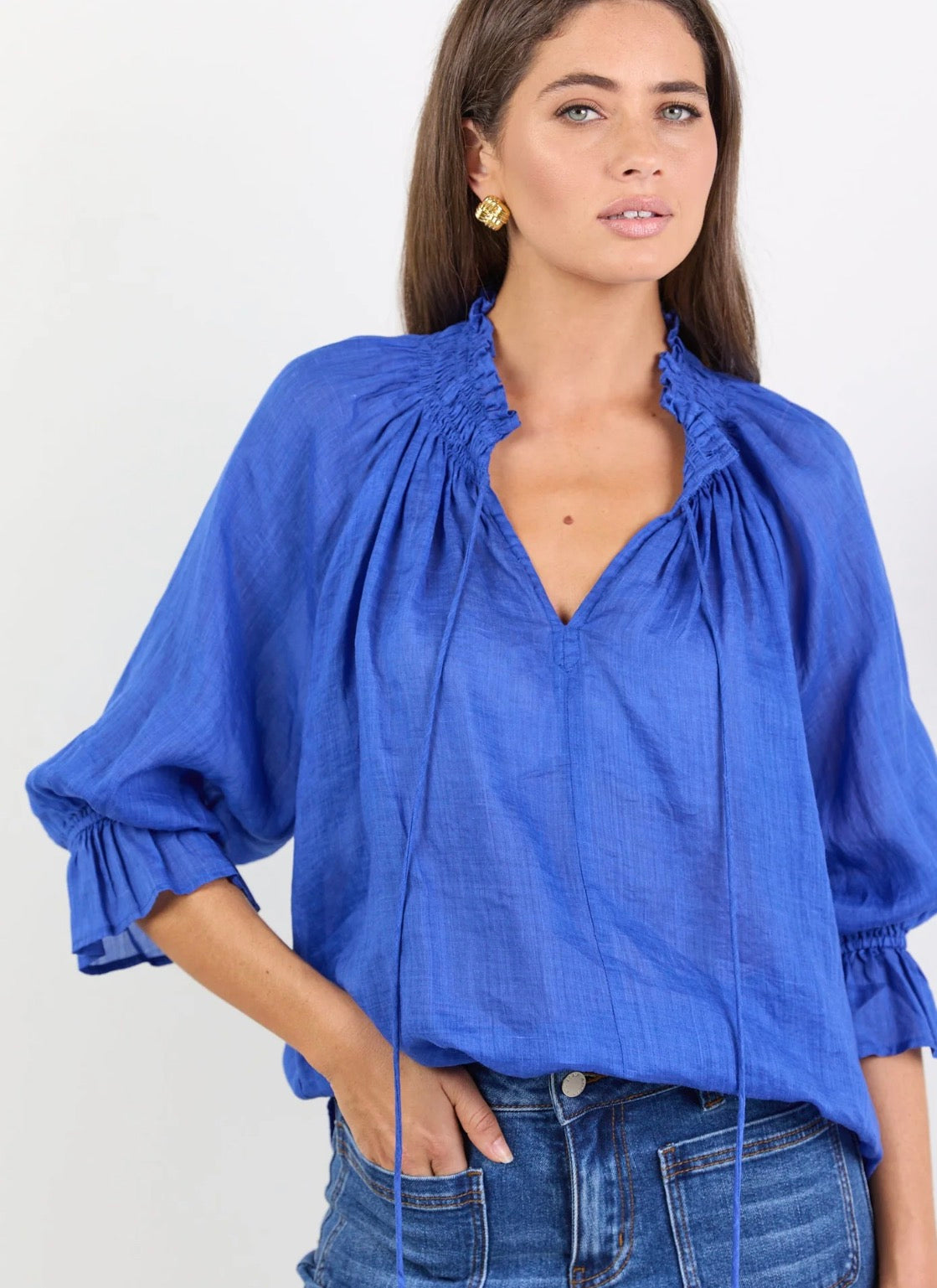 Among The Brave Expedition Shirred Neck Short Sleeve Top Blue