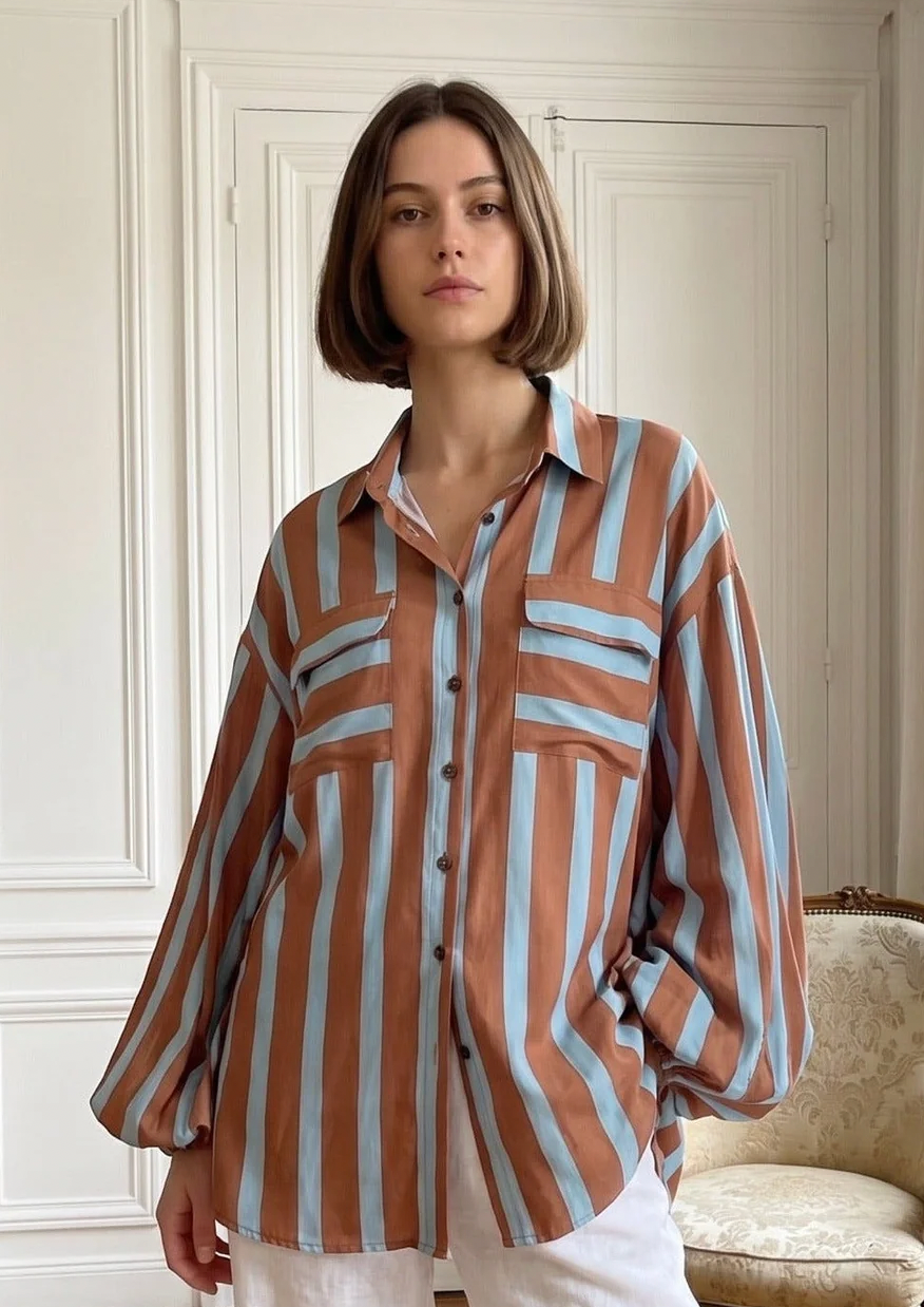 Kiik Brown and Blue stripe Rayon Shirt One size