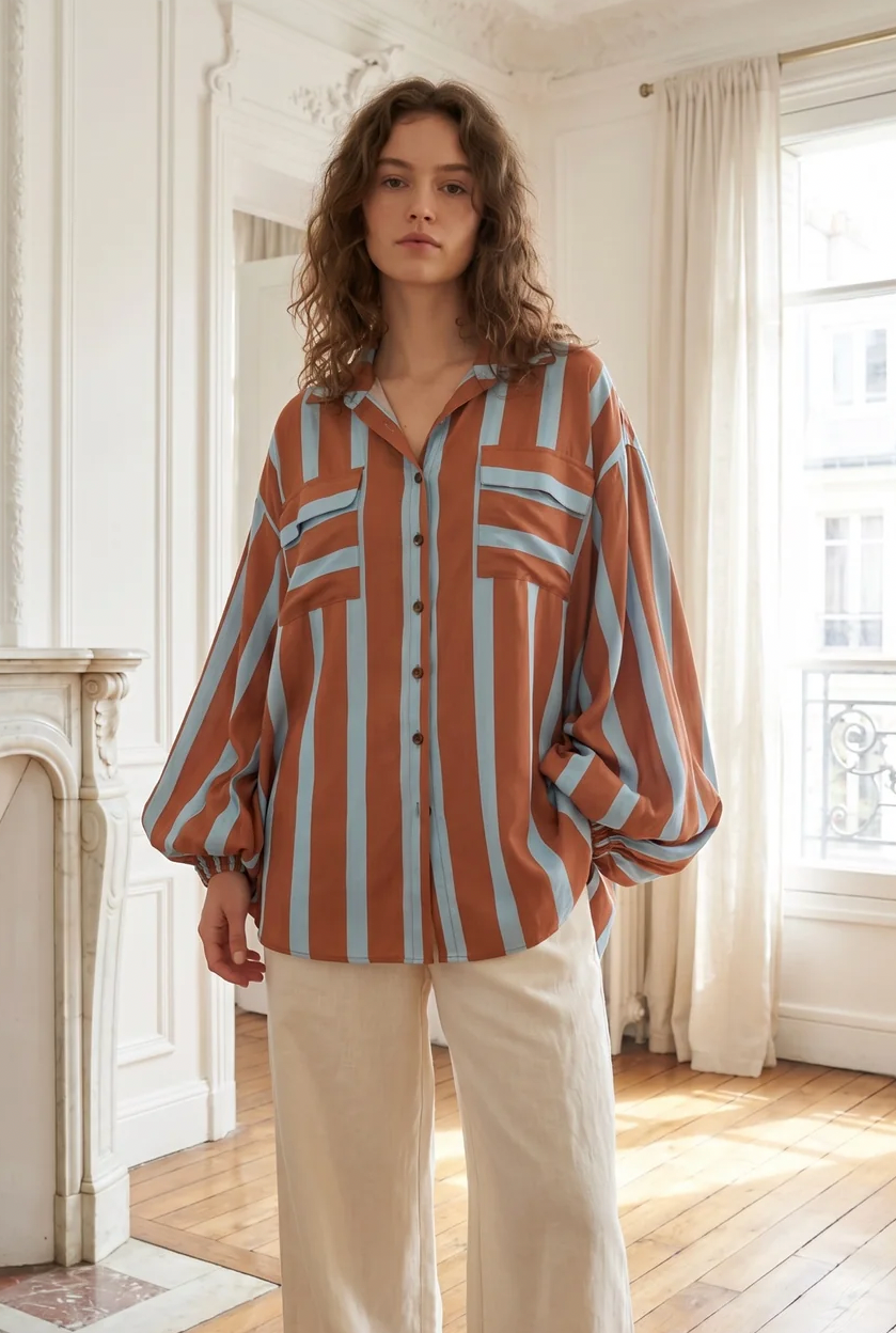 Kiik Brown and Blue stripe Rayon Shirt One size