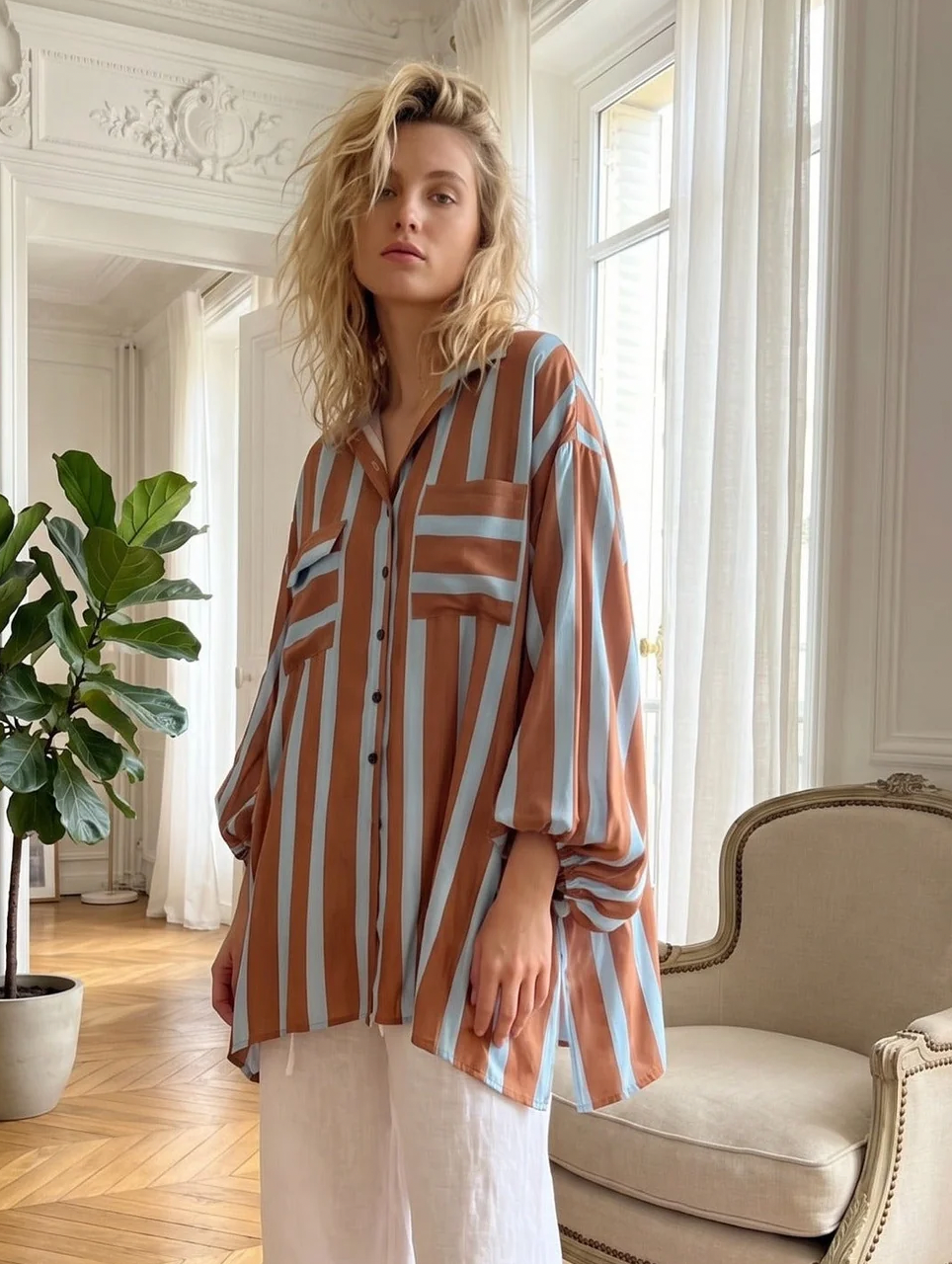 Kiik Brown and Blue stripe Rayon Shirt One size