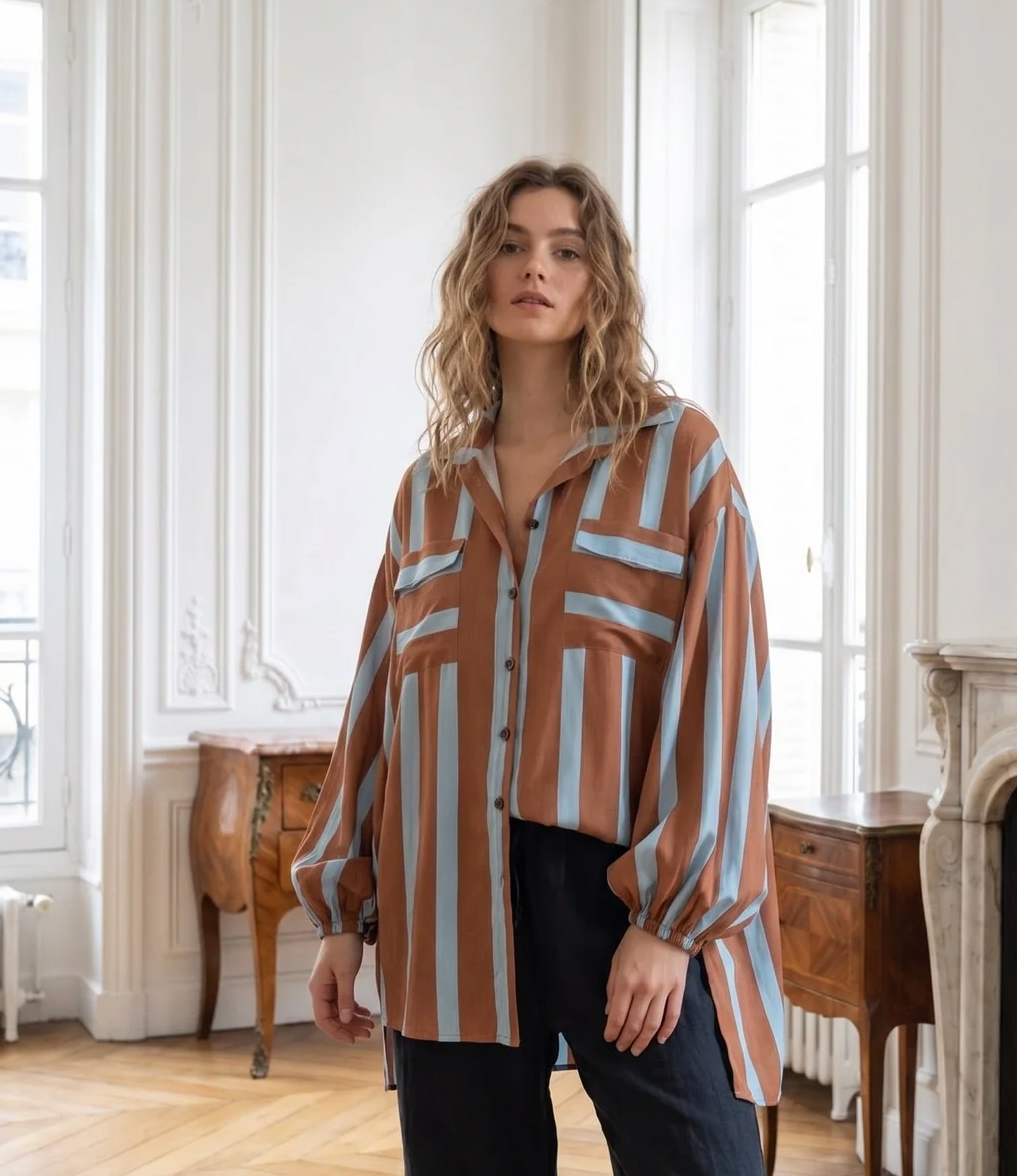 Kiik Brown and Blue stripe Rayon Shirt One size