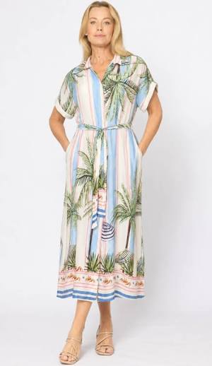 Palm Tree Print Shirt Dress| Cream/Celeste Stripe - La Strada