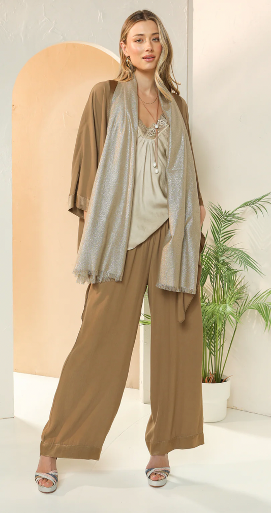 Elizabeth Scott- Viscose Pants with Satin Trim and Woven Waistband Sand