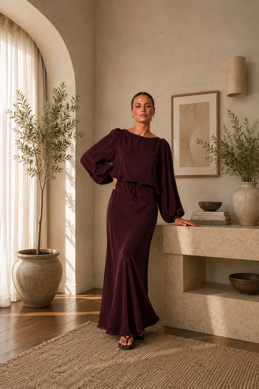 Adorn Mae Cupro Plum Skirt