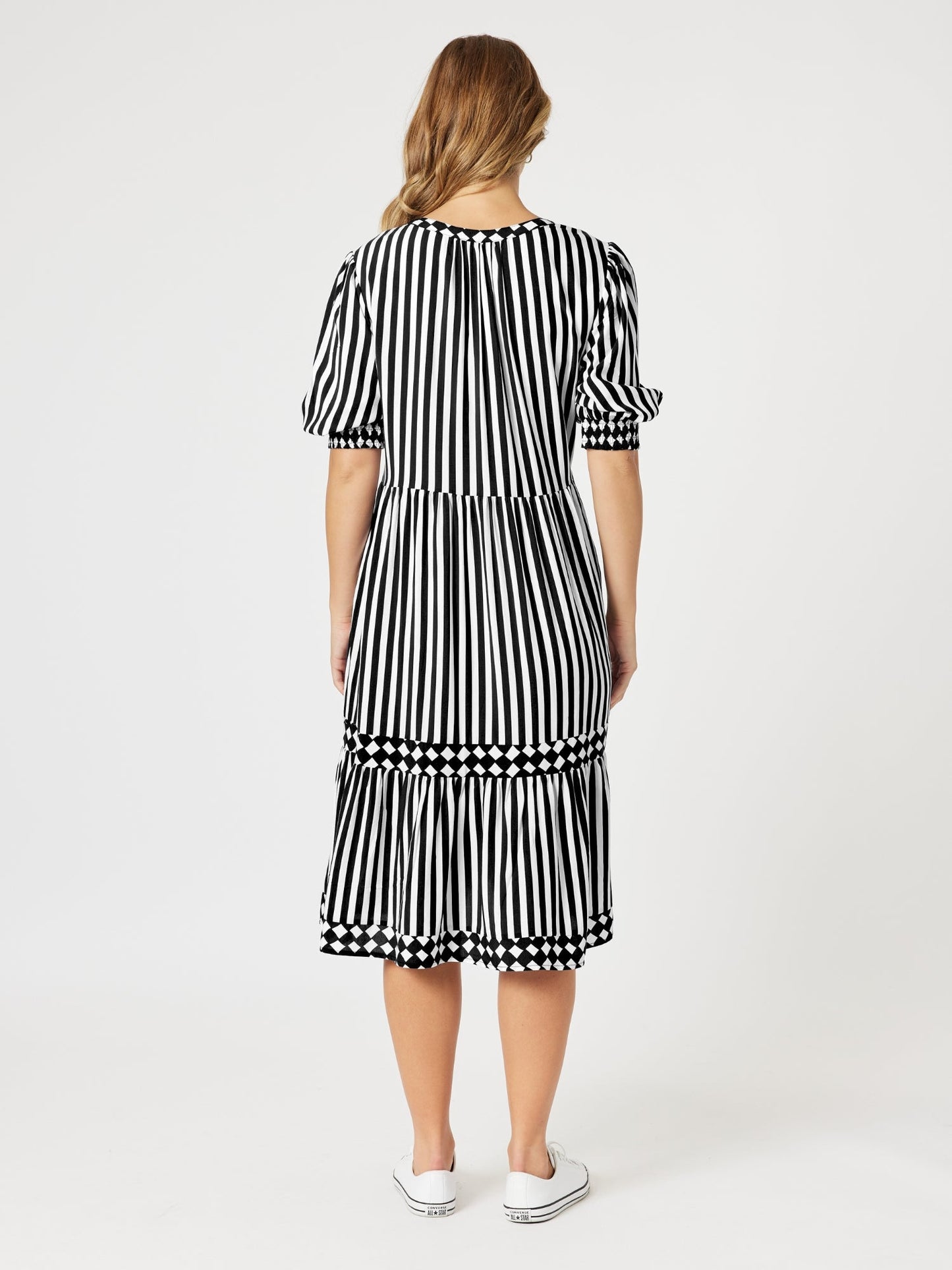Threadz Harlequin Tier Black & White Stripe Dress