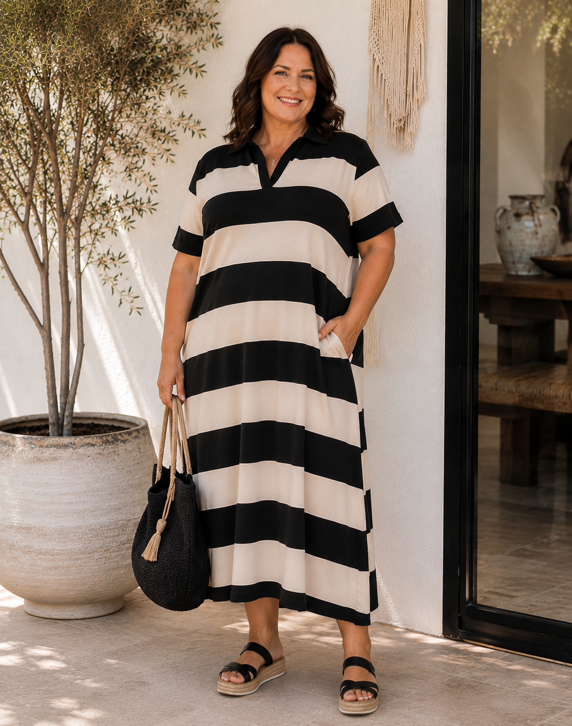 Liberty Rose Black & Beige Stripe Polo Dress