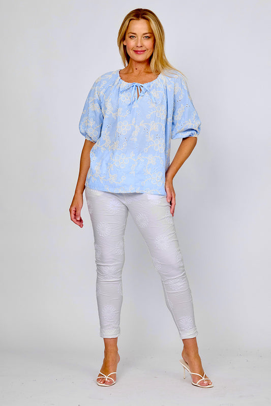La Strada White Embroidered Flower Pants