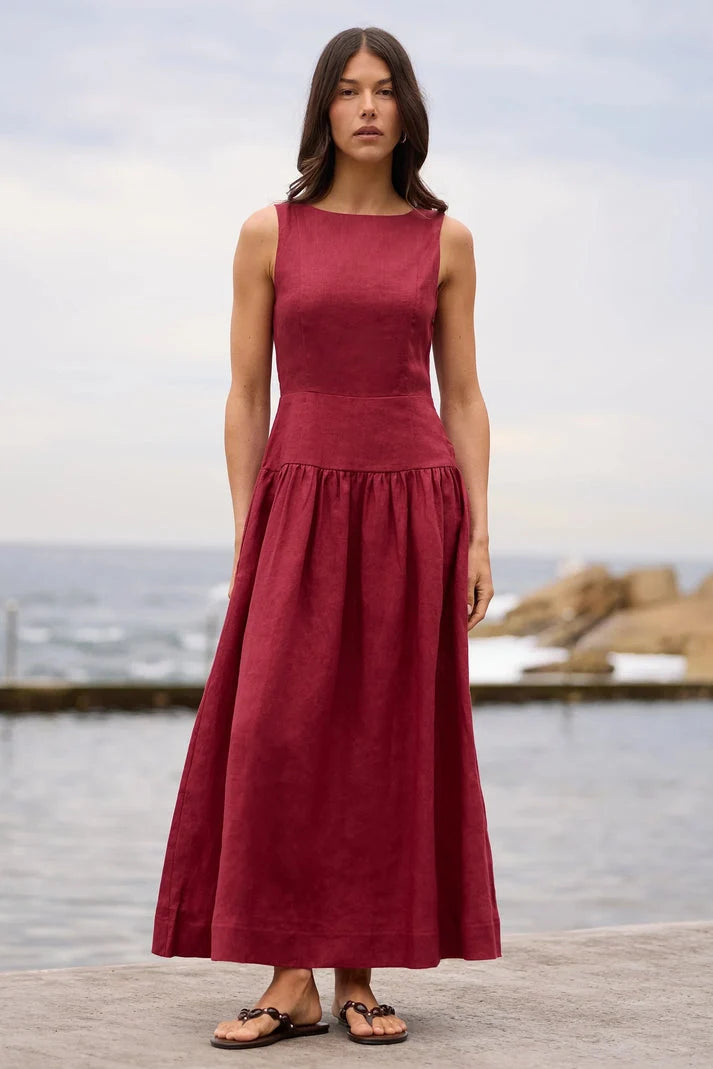 Stories To Be Told Linen structured sleeveless maxi dress Wine